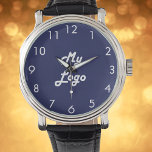 Logotyp för marinblått vitt företag armbandsur<br><div class="desc">Lägg till din egen logotyp. En blå bakgrund. Perfekt för att marknadsföra ditt företag och ditt varumärke. Vita klocknummer i ansikte.</div>