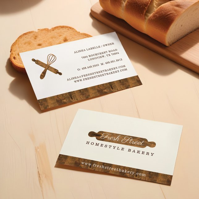 Logotyp för minimal  av trärullsäck visitkort (Minimal Wooden Rolling Pin Bakery Logo Business Card)
