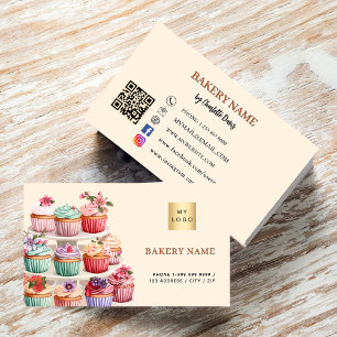 Logotyp för rosa av QR-kod för bakverk, beige kräm Visitkort
