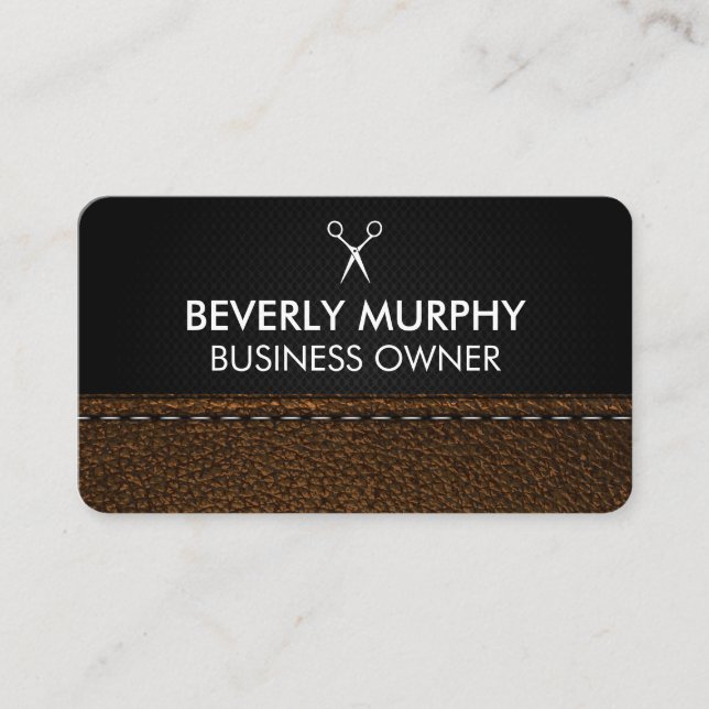 Logotyp för sax | Brun kapslad läder Tidsbeställning Kort (Framsida)