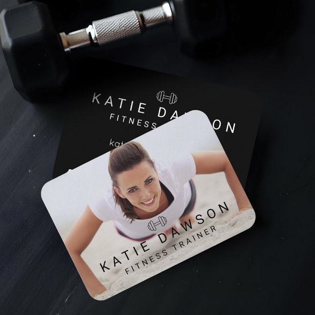 Logotyp för trendig Personal Trainer Photo & Dumbe Visitkort (Trendy Personal Trainer Photo & Dumbell Logo Business Card)