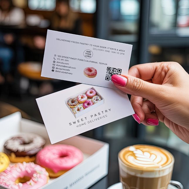 Logotyp för vattenfärgskonditori munkleverans Qr Visitkort (Watercolor pastry bakery donuts delivery Qr Logo Business Card)