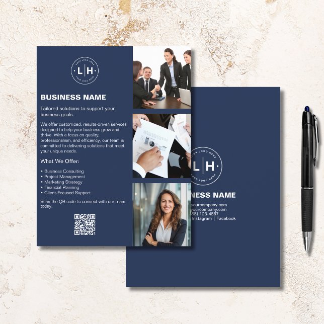 Logotyp Foto QR Marinblå Professionell Företagskon Reklamblad (Logo Photo QR Navy Blue Professional Business Flyer)