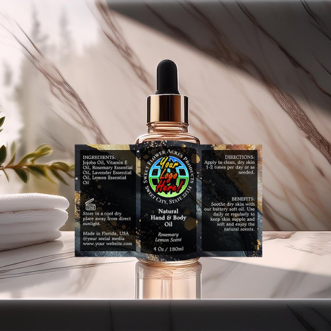 Logotyp Guld Flaska etikett 4oz eller oljedropppro (oil dropper bottle custom label black and gold)