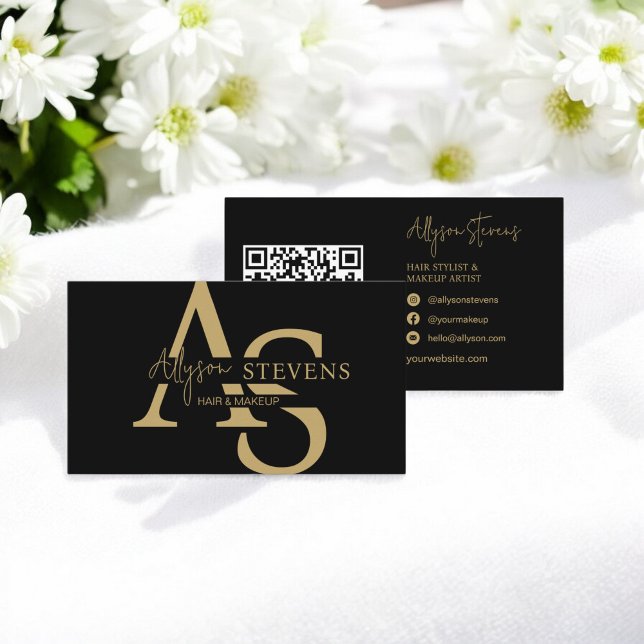 Logotyp guld initialer hårmakeup qr-kod visitkort (Logo gold initials hair makeup qr code business card)