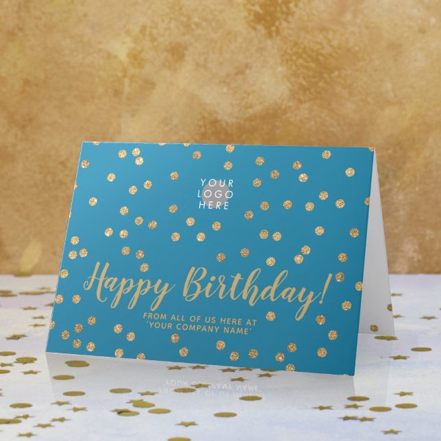 Logotyp Guld Konfetti Teal Blue Birthday Kort (Skapare uppladdad)