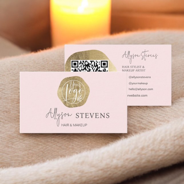 Logotyp guld rosa hårmakeriup qr-kod visitkort (Logo gold pink hair makeup qr code business card)