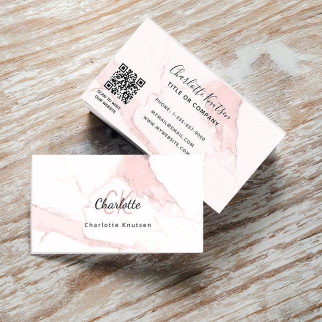 Logotyp guld rosa marble monogram elegant QR Visitkort (Skapare uppladdad)
