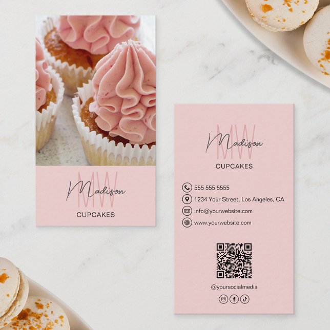 Logotyp i Bakery Monogram Photo QR Rosa Visitkort (Bakery Monogram Logo Photo QR Pink Business Card)