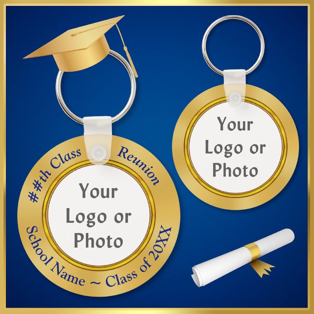 Logotyp i skolan, FOTO, TEXTklass Reunion Gift Ide Nyckelring (Blue Gold, Class Reunion Party Favors with School Photo or Logo. Inexpensive Class Reunion Gifts.   )