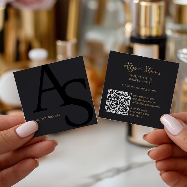 Logotyp initialer Black guld fet makeup qr-kod Fyrkantigt Visitkort (Logo initials Black gold bold makeup qr code Square Business Card)