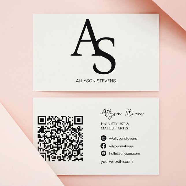 Logotyp initialer Svartvit hårmakeup qr-kod Visitkort (Skapare uppladdad)