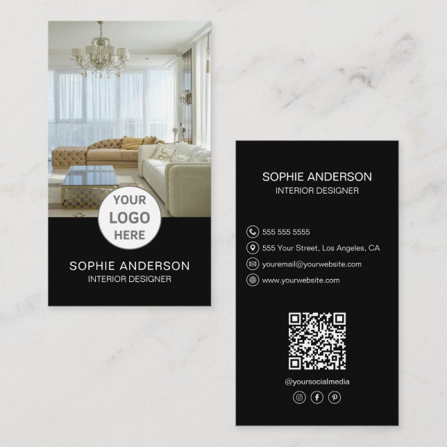 Logotyp Insida Designer Photo QR Social Media Blac Visitkort (Fram/baksida)