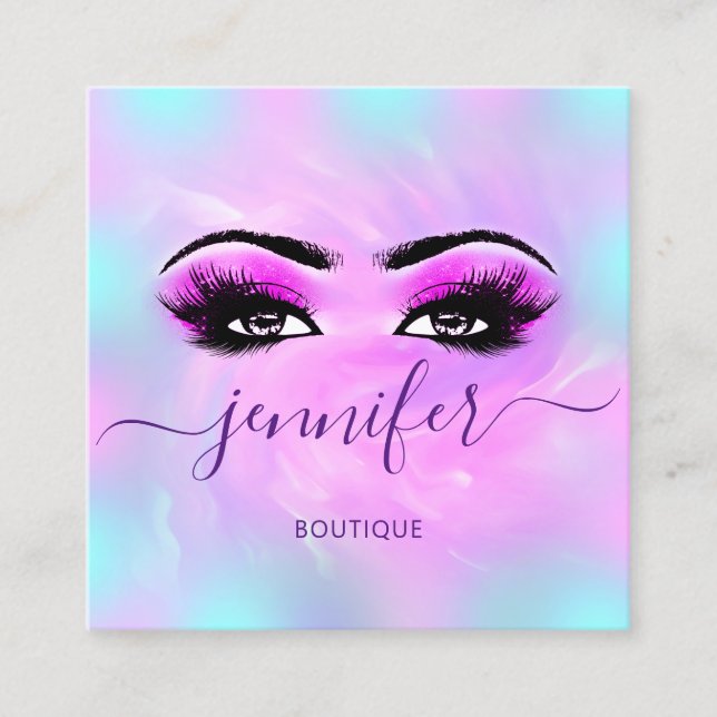 Logotyp Makeup Boutique Lash Öga Holograph Rosa Fyrkantigt Visitkort (Framsida)
