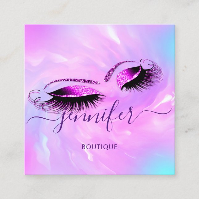 Logotyp Makeup Lash Extension Studio Holograph Ros Fyrkantigt Visitkort (Framsida)