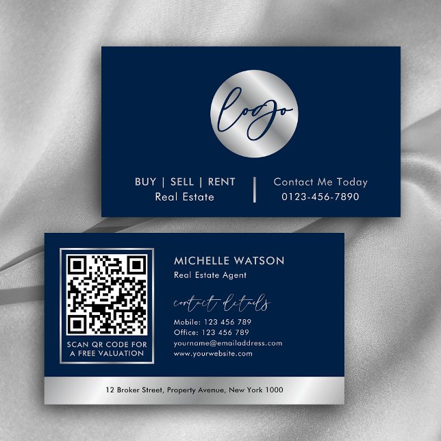 Logotyp, marin och Silver, Agent Realtor QR-kod Visitkort (Elegant navy blue and silver QR code & logo business cards for corporate professionals & realtors)