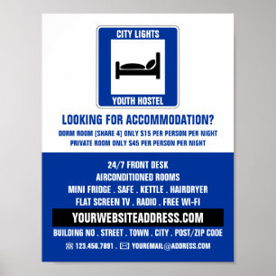 Logotyp med blå sockel, reklam för hotellbostäder poster