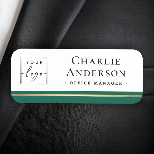 Logotyp med stor namn-grönt gräns elegant namnbricka (Logo large name title forest green border elegant name tag)