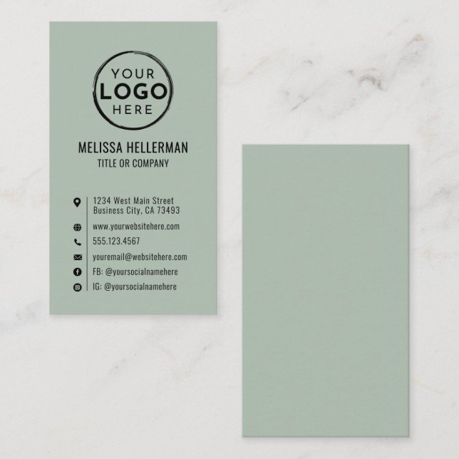 Logotyp Minimal Modern Vertikal Salvia Grön Visitkort (Fram/baksida)