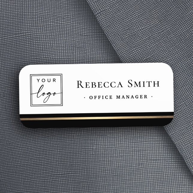 Logotyp namn titel svart gräns-vit modern namnbricka (Logo name title black border white modern name tag)