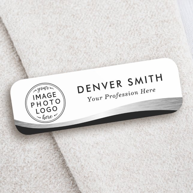 Logotyp namn titel svart vit falskt silver gradien namnbricka (Custom logo name tag with black and silver gray gradient wave)