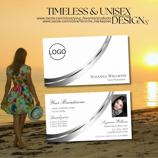 Logotyp och foto för klassiskt Plain White Silver  Visitkort (Skapare uppladdad)