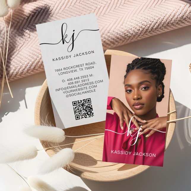 Logotyp och QR-kod för elegant-skriptkalligrafi, m Visitkort (Elegant Script Calligraphy Monogram Logo & QR Code Business Card)