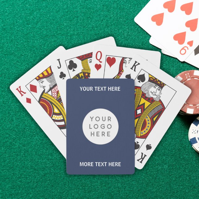 Logotyp och text för anpassningsbar casinokort (Custom Business Logo And Text Poker Cards in navy blue)