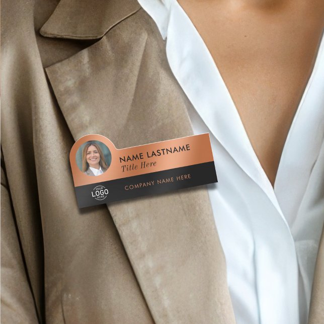 Logotyp Photo Faux Copper Black Business Employee Namnbricka (Skapare uppladdad)