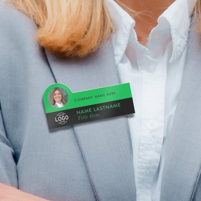 Logotyp Photo ID Modern Grönt Black Business Compa Namnbricka (Skapare uppladdad)