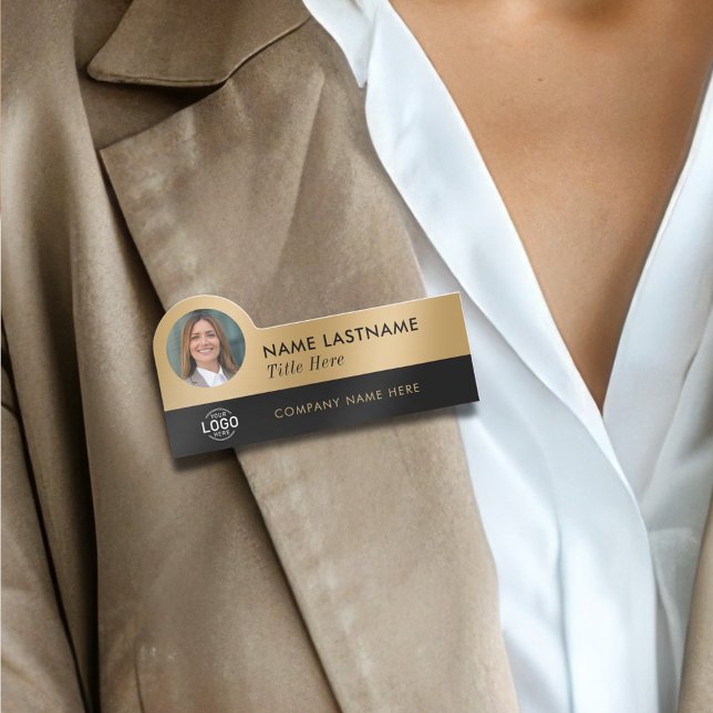 Logotyp Photo Sleek Faux Guld Black Business Emplo Namnbricka (Skapare uppladdad)
