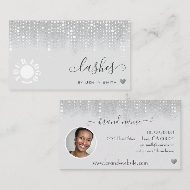 Logotyp Photo Template Söt Silver Glitter Rain Visitkort (Fram/baksida)