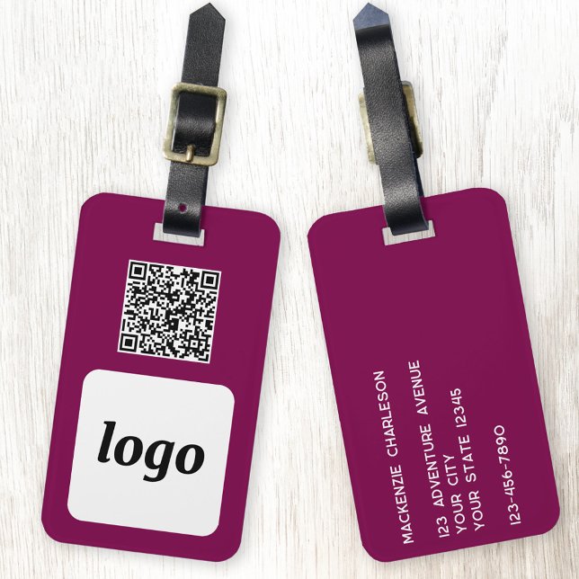 Logotyp QR Code Magenta Rosa Business Promoting Bagagebricka (Simple logo QR code custom business branding promotional luggage tag in dark magenta pink burgundy)