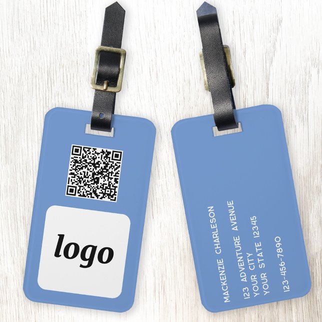 Logotyp QR-kod blå affärsreklam Bagagebricka (Logo with QR code and custom text promotional business branding luggage tag)