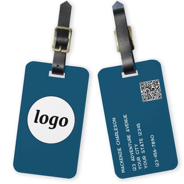 Logotyp QR-kod Business Teal-Grönt Bagagebricka (Simple logo with QR code and custom text business branding promotional teal green luggage tag)