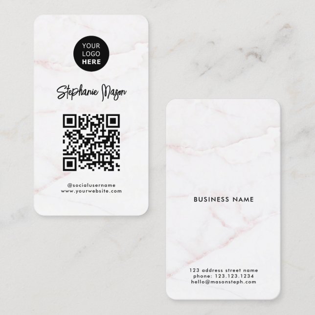 Logotyp&QR-kod | Elegant Vit ros Guld Marble Visitkort (Fram/baksida)