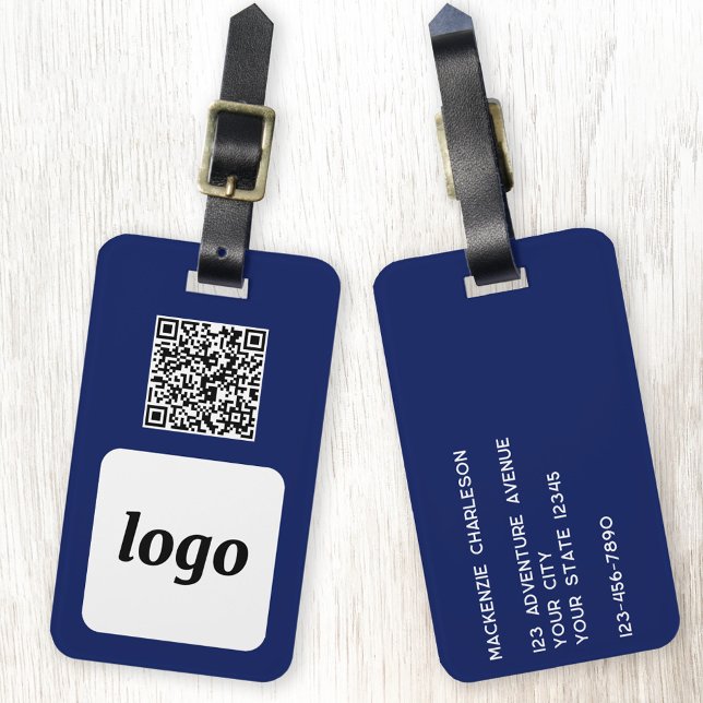 Logotyp QR-kod, marinblått affärsfrämjande Bagagebricka (Logo QR code business branding promotional navy blue luggage tag)