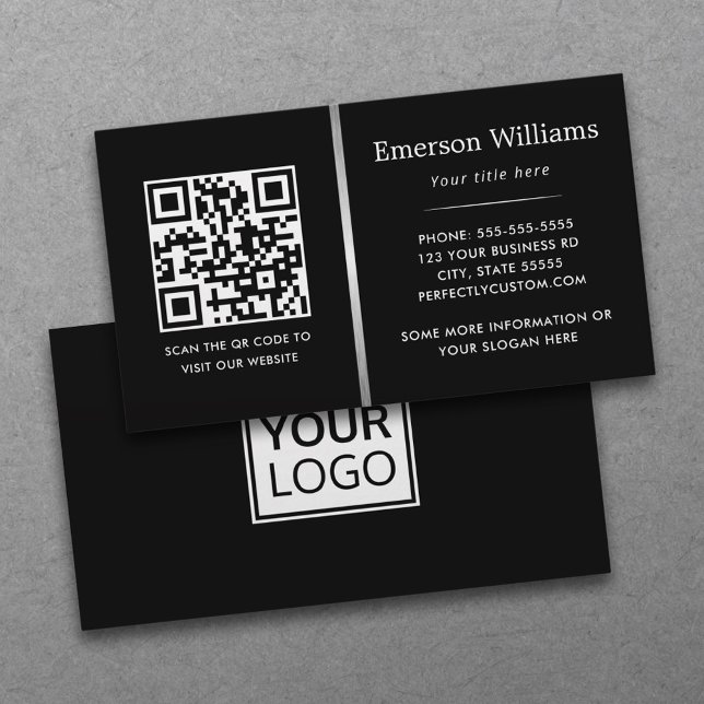 Logotyp QR-kod silver grått-övertoningsdelare, sva Visitkort (Black, professional business cards with QR code and custom logo)