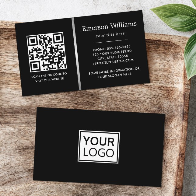 Logotyp QR-kod silvergrå gradientavdelare svart Visitkort (Elegant business cards with silver gray color gradient border and your custom logo and QR code)