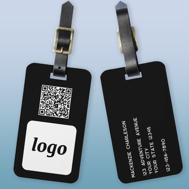 Logotyp QR-kod Svart affärsmarknadsföring Bagagebricka (Logo QR code with custom text business promotional luggage tag)