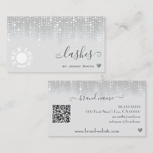 Logotyp QR-mall Söt Vita Silver Glitter Visitkort (Fram/baksida)