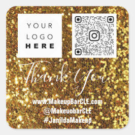 Logotyp QRCode Namn - Tack för köpet Guld Glitter Fyrkantigt Klistermärke