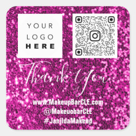 Logotyp QRCode Namn - Tack för köpet Rosa Glitter Fyrkantigt Klistermärke