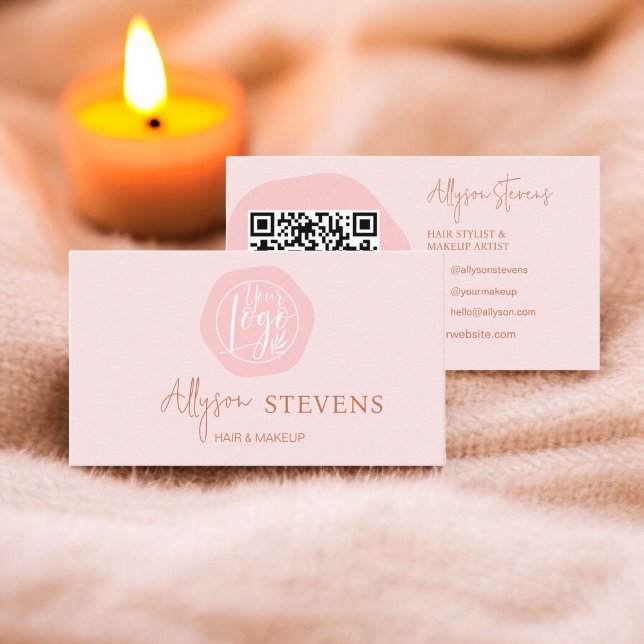 Logotyp script boho rosa hair makup qr code visitkort (Logo script boho pink hair makeup qr code business card)