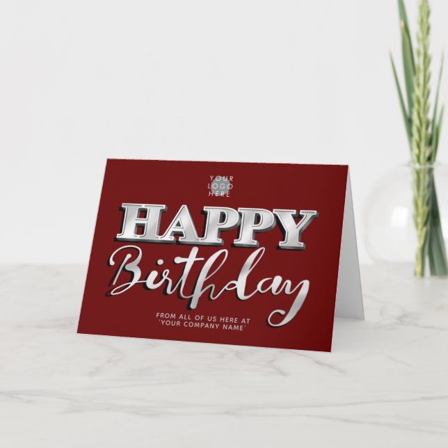 Logotyp Silver Lettering Burgundy Business Birthda Kort (Framsida)