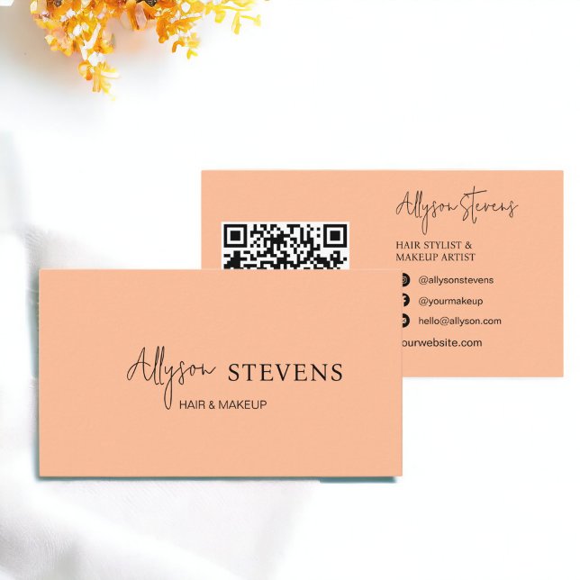 Logotyp-skript chic-persikohårmakeup qr-kod visitkort (Logo script chic peach hair makeup qr code business card)