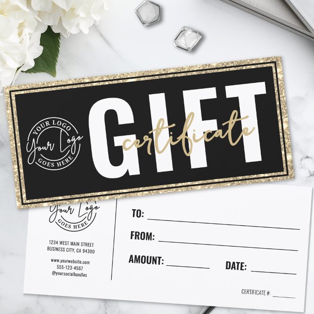 Logotyp Svart Guld Glitter Affärspresentkort (Logo Black Gold Glitter Business Gift Certificate)