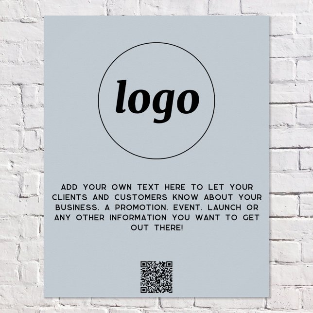Logotyp Text QR-kod Marknadsföringsmakulverblått Poster (Logo with custom text and QR code promotional business light dusty pastel powder blue poster flyer)