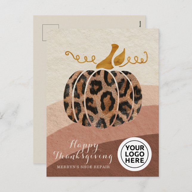 Logotyp Thanksgiving Boho Leopard Pumpkin Helg Vykort (Fram/baksida)