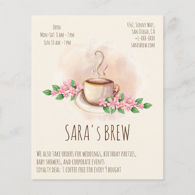 logotyp vattenfärgskaffe mugg och blomkafé flygblad (Framsidan)